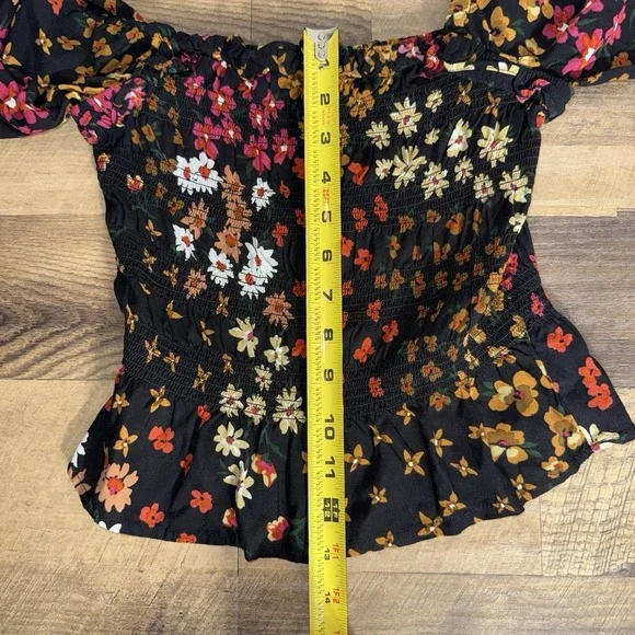 Patrons Of Peace Smocked Peasant Black Top Vibrant Flower Tiered Bell Sleeves XS - Picture 10 of 10